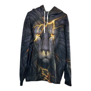 Unisex Lion Graphic Hoodie Lightning Design - Size XL - Bold Statement Pullover
